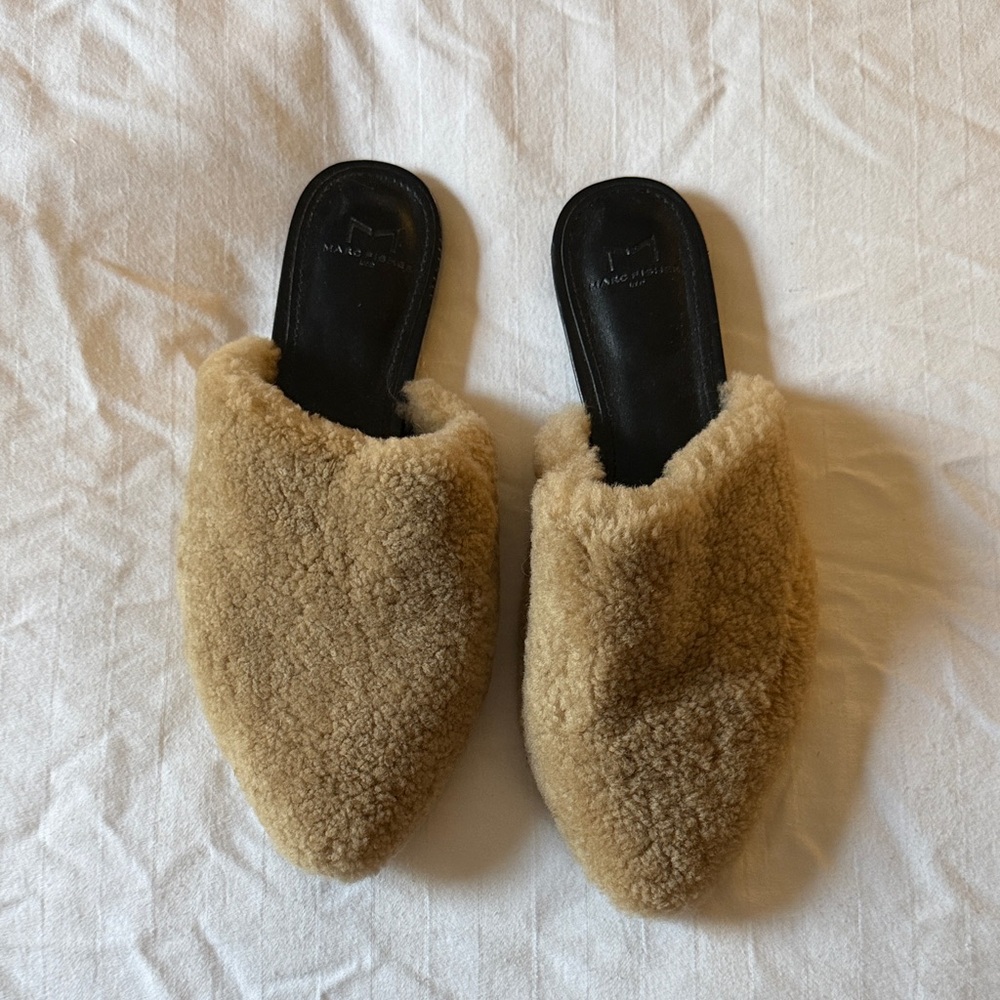 MARC FISHER SHEARLING MULES, SIZE 8